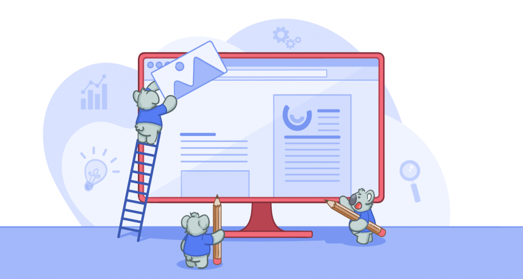 illustration of multiple animals working together to create a web page layout