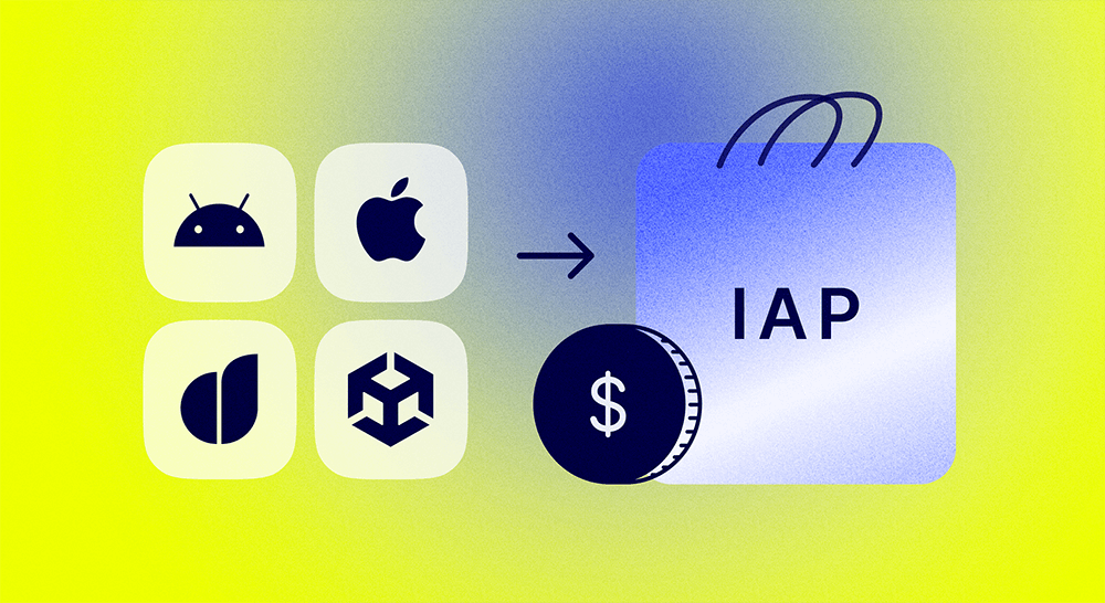 image displaying the logo from the main mobile games stores along with a shopping bag on the side with the word IAP in it