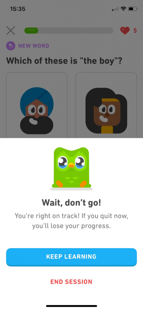 image from Duolingo's app interface showing a user quitting a lesson
