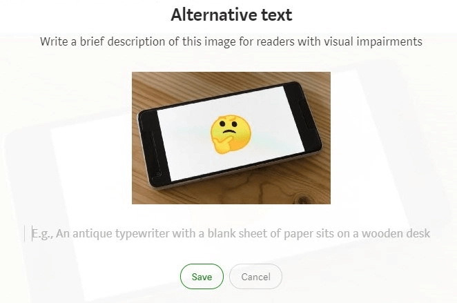image from Medium showing the option to include alt text on the images featured in their articles