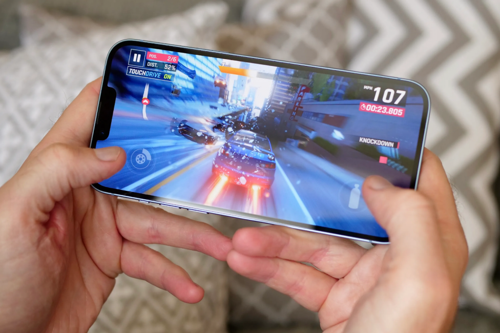 image of a phone displaying a racing game