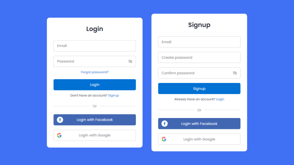 image showing a login and sign up interface for a website