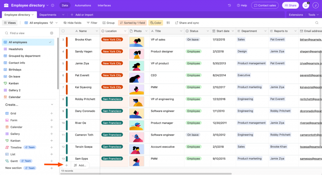 screenshot from Airtable showing team members and  information regarding them