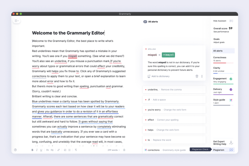 screenshot from Grammarly showing a text being corrected in real time