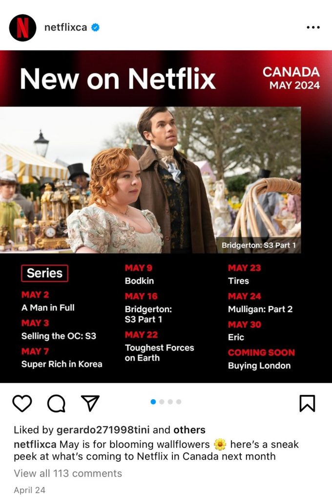 Netflix Canada Instagram - Netflix's social media plays a crucial role in keeping the audience engaged and posting relevant content like its latest releases 