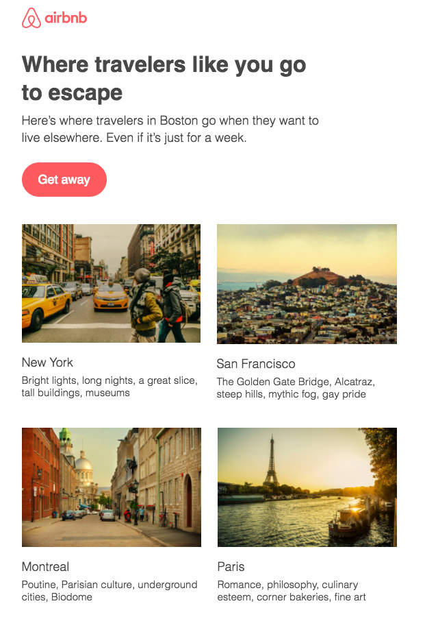 image showing an email sent by Airbnb with numerous destination suggestions for traveling