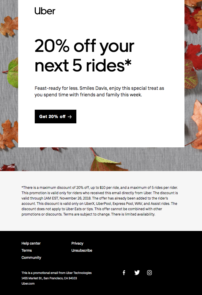screenshot from a promotional email from Uber offering an exclusive discount