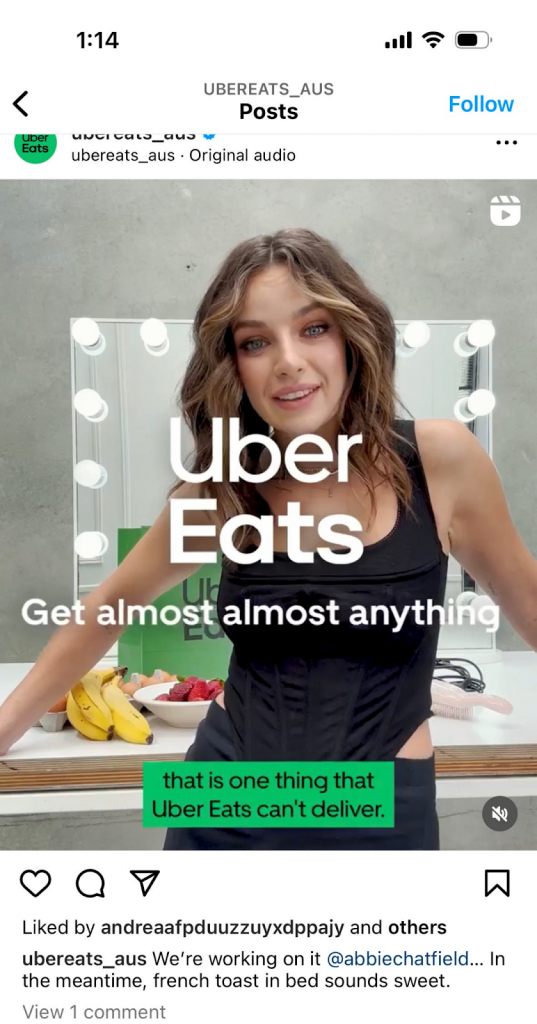 screenshot of a social media post from Uber Eats Australia